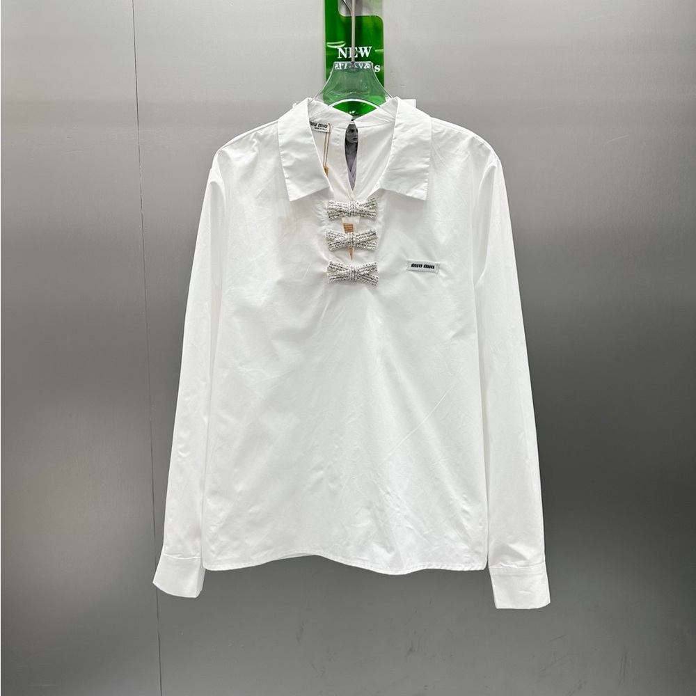 Miu Miu White Button-Front Shirt with Crystal Bow Accents